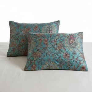2 VTG Ralph Lauren La Boheme Teal Feather Paisley Jewel Tone Peacock Pillow Sham